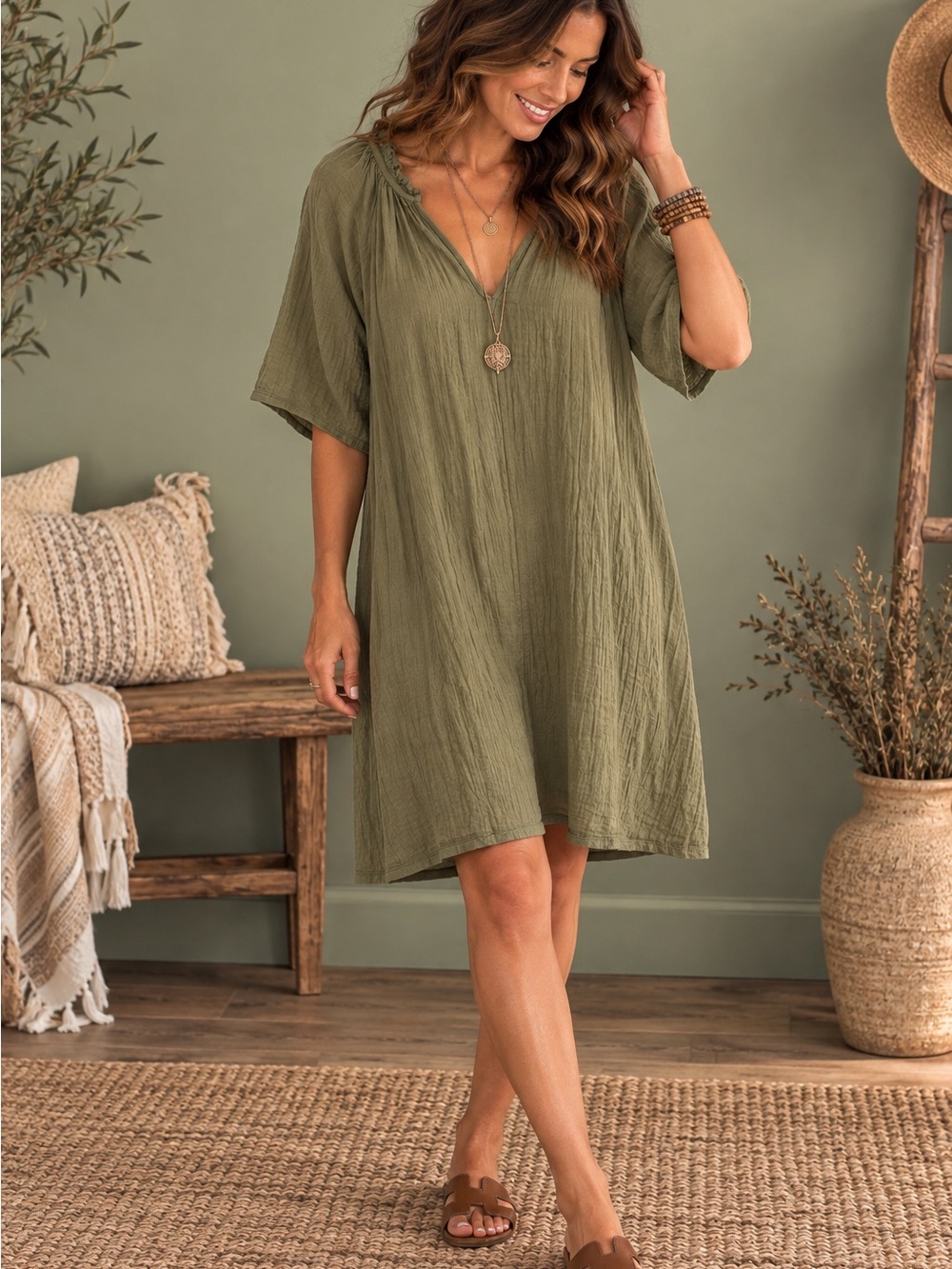 Old Navy 100% Cotton Gauze Mini Shift Dress Olive Green XL